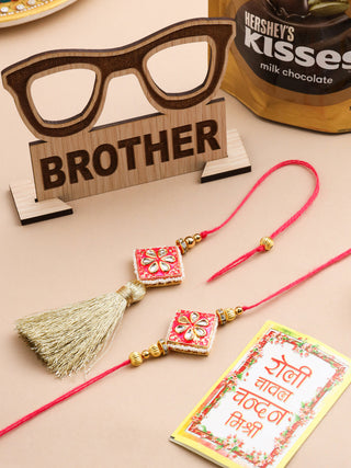 NVR Set of 2 Handmade Pink Kundan Studded Bhaiya Bhabhi Rakhi Set, Combo for Rakshabandhan