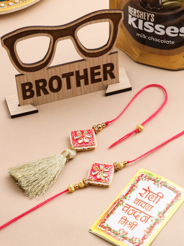 NVR Set of 2 Handmade Pink Kundan Studded Bhaiya Bhabhi Rakhi Set, Combo for Rakshabandhan