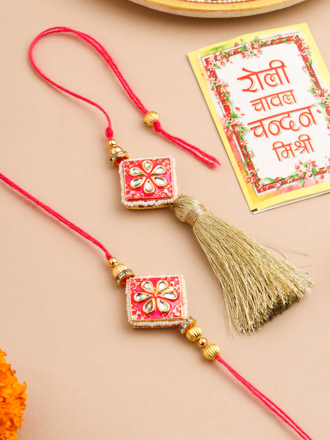 NVR Set of 2 Handmade Pink Kundan Studded Bhaiya Bhabhi Rakhi Set with Roli Chawal Chandan & Mishri - Distacart