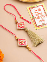 Thumbnail for NVR Set of 2 Handmade Pink Kundan Studded Bhaiya Bhabhi Rakhi Set with Roli Chawal Chandan & Mishri