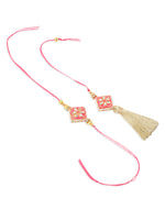Thumbnail for NVR Set of 2 Handmade Pink Kundan Studded Bhaiya Bhabhi Rakhi Set with Roli Chawal Chandan & Mishri
