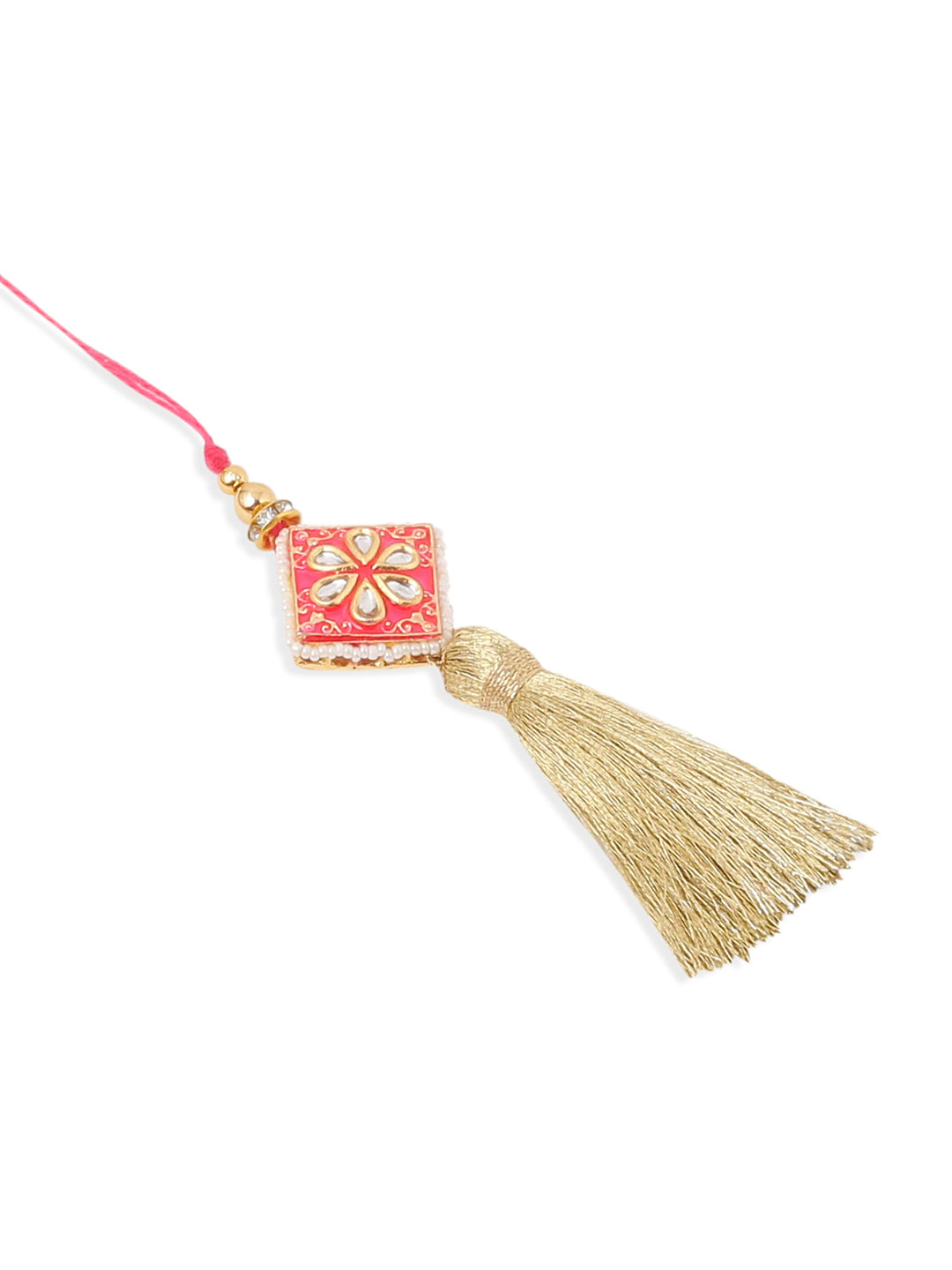NVR Set of 2 Handmade Pink Kundan Studded Bhaiya Bhabhi Rakhi Set with Roli Chawal Chandan & Mishri