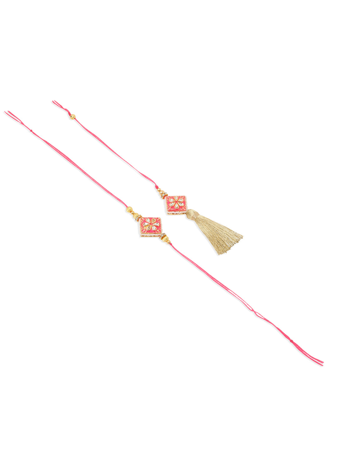 NVR Set of 2 Handmade Pink Kundan Studded Bhaiya Bhabhi Rakhi Set with Roli Chawal Chandan & Mishri