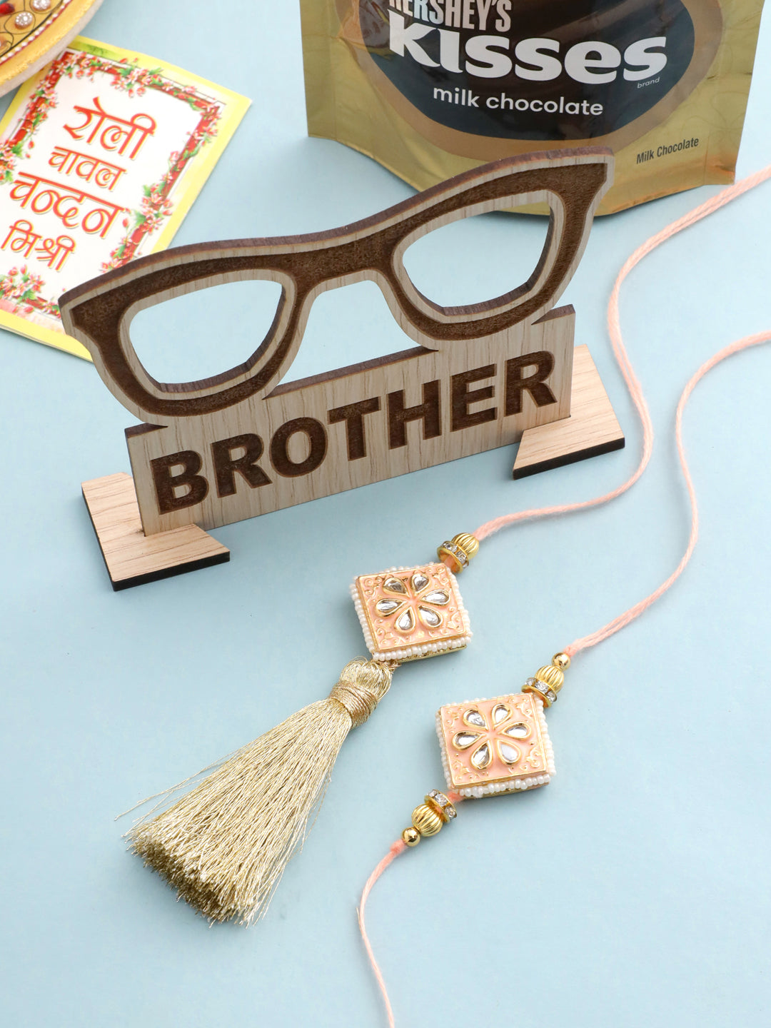 NVR Set of 2 Handmade Peach Kundan Studded Bhaiya Bhabhi Rakhi Set, Combo for Rakshabandhan - Distacart