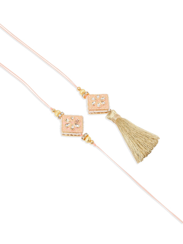 NVR Set of 2 Handmade Peach Kundan Studded Bhaiya Bhabhi Rakhi Set, Combo for Rakshabandhan