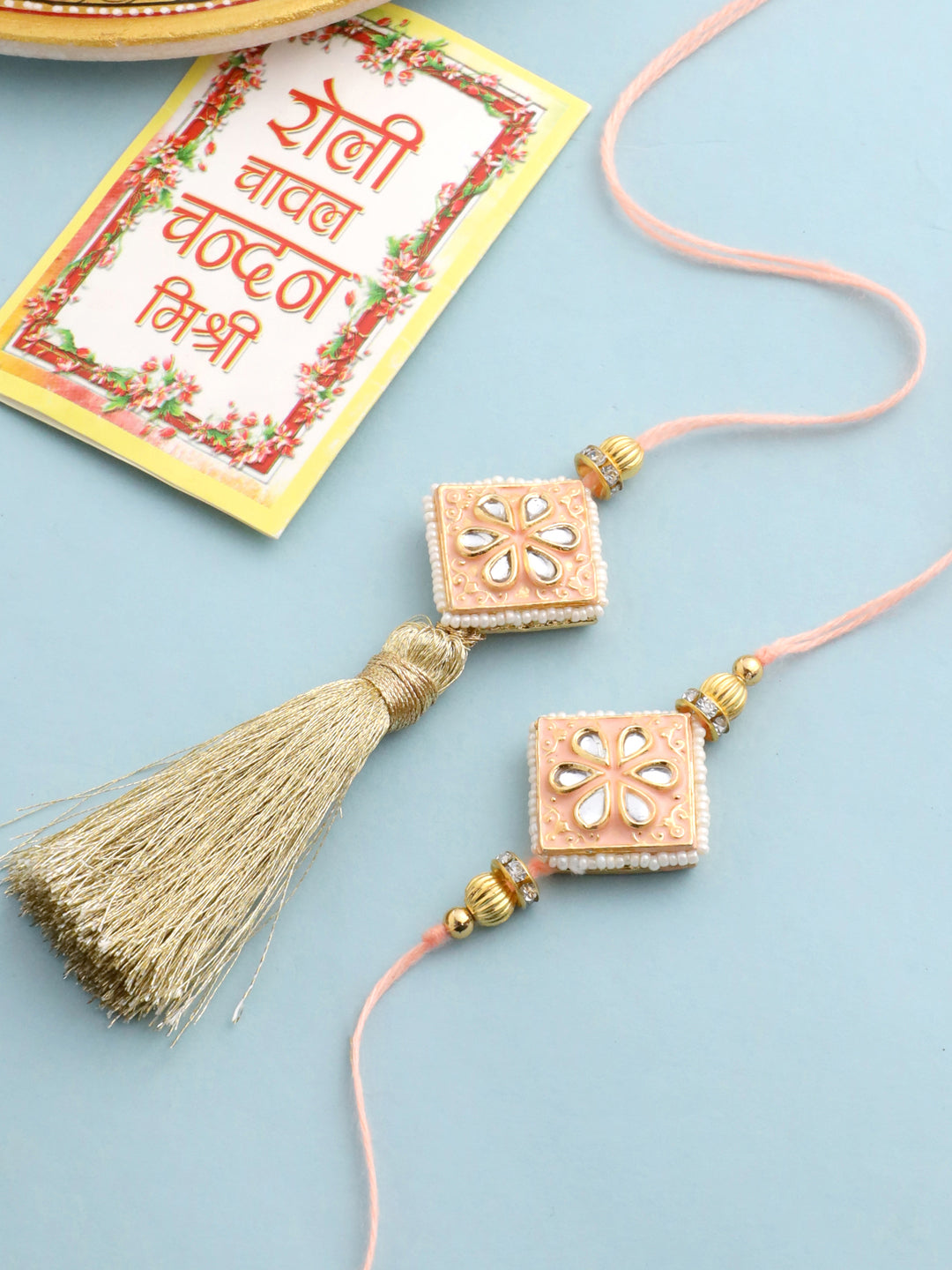 NVR Set of 2 Handmade Peach Kundan Studded Bhaiya Bhabhi Rakhi Set with Roli Chawal Chandan & Mishri - Distacart