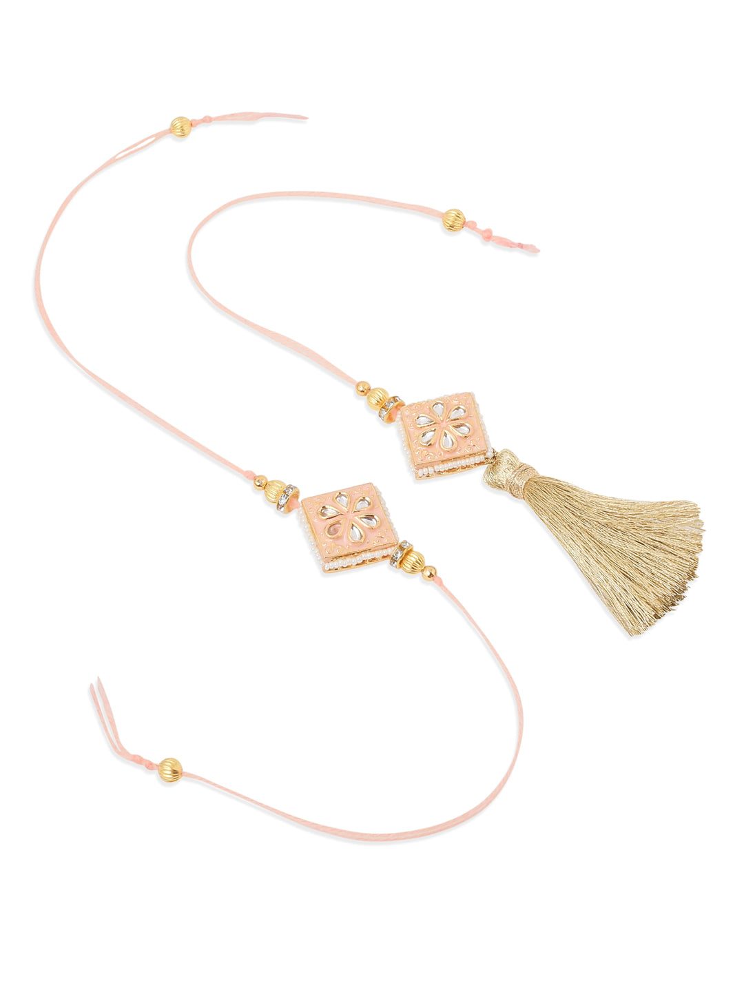 NVR Set of 2 Handmade Peach Kundan Studded Bhaiya Bhabhi Rakhi Set with Roli Chawal Chandan & Mishri