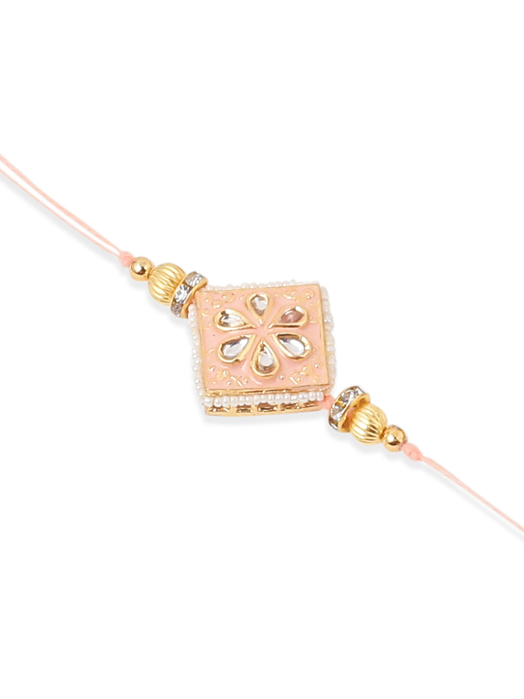 NVR Set of 2 Handmade Peach Kundan Studded Bhaiya Bhabhi Rakhi Set with Roli Chawal Chandan & Mishri