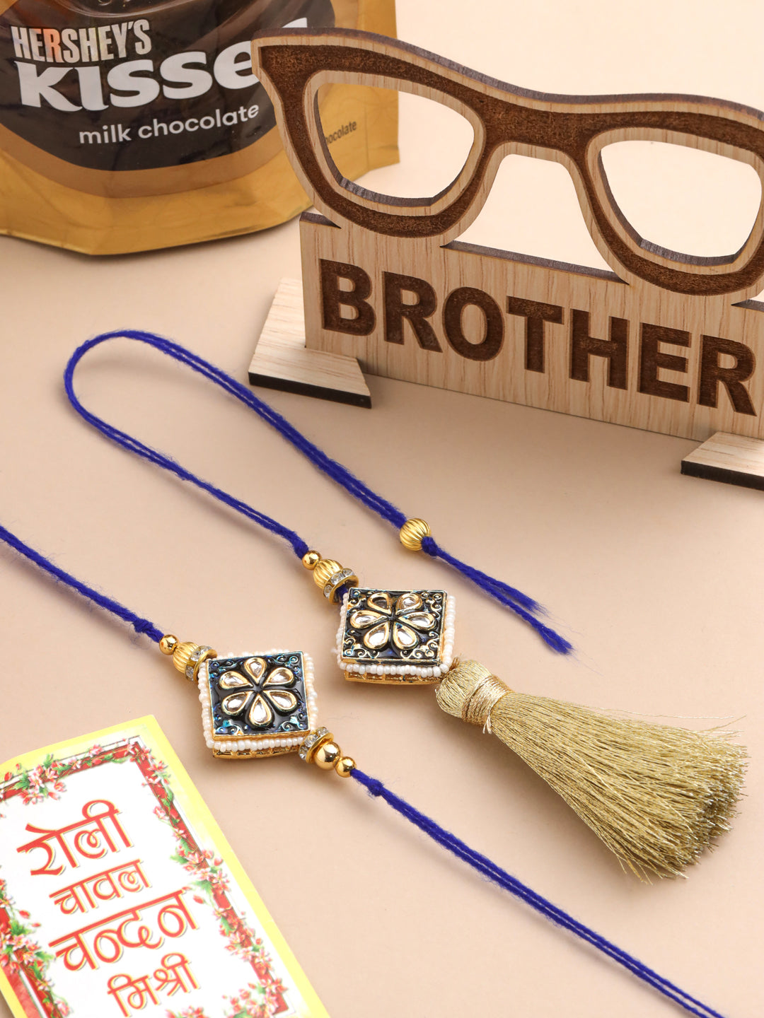 NVR Set of 2 Handmade Blue Kundan Studded Bhaiya Bhabhi Rakhi Set, Combo for Rakshabandhan - Distacart