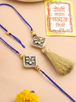 Thumbnail for NVR Set of 2 Handmade Blue Kundan Studded Bhaiya Bhabhi Rakhi Set with Roli Chawal Chandan & Mishri