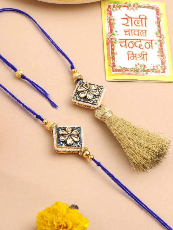 NVR Set of 2 Handmade Blue Kundan Studded Bhaiya Bhabhi Rakhi Set with Roli Chawal Chandan & Mishri