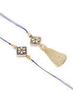 Thumbnail for NVR Set of 2 Handmade Blue Kundan Studded Bhaiya Bhabhi Rakhi Set with Roli Chawal Chandan & Mishri