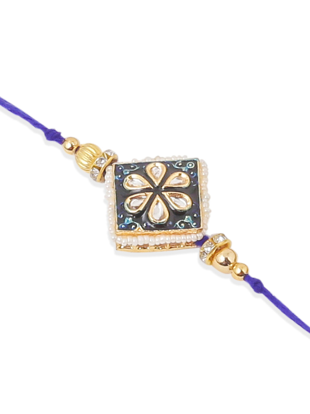 NVR Set of 2 Handmade Blue Kundan Studded Bhaiya Bhabhi Rakhi Set with Roli Chawal Chandan & Mishri