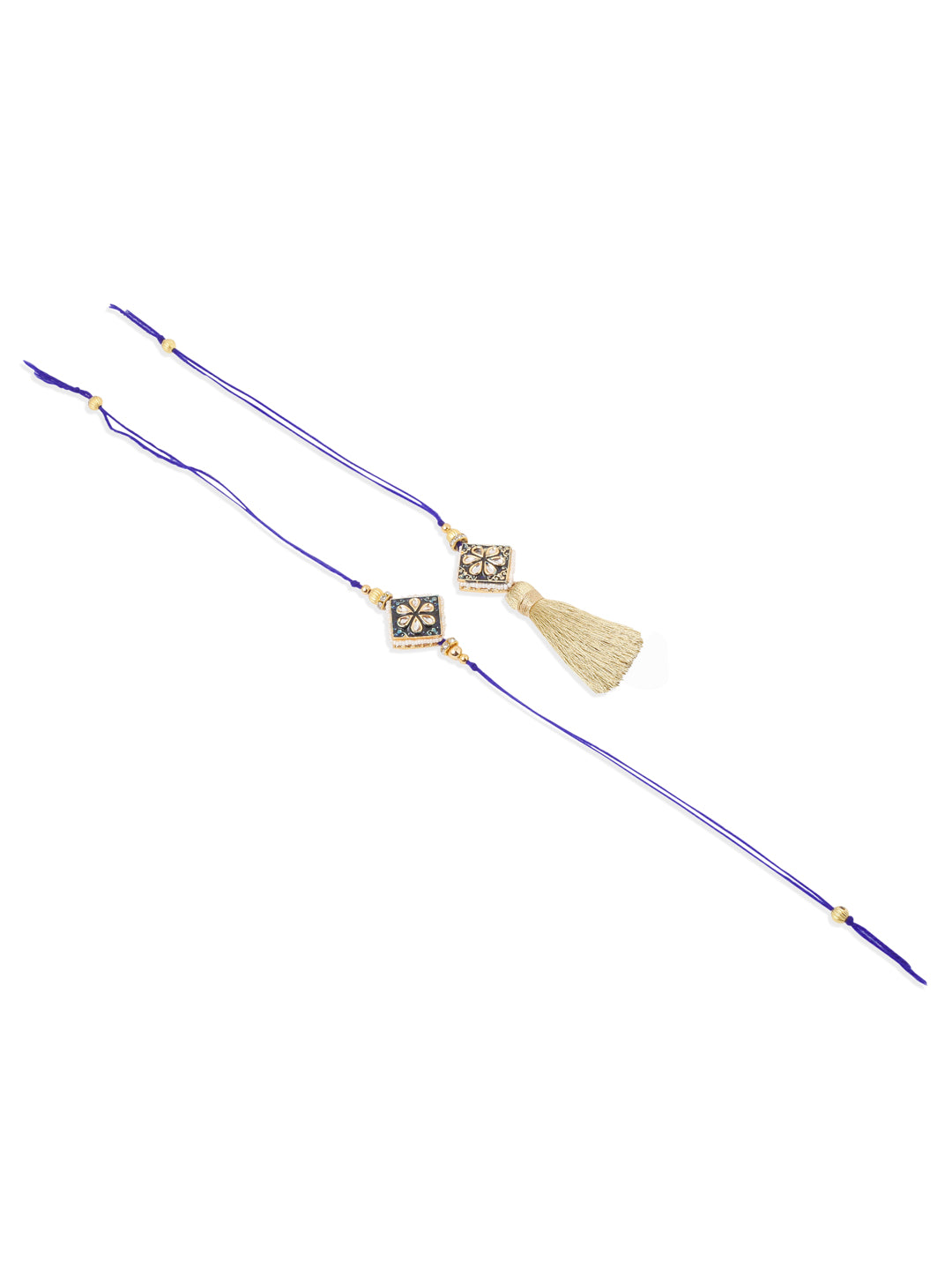 NVR Set of 2 Handmade Blue Kundan Studded Bhaiya Bhabhi Rakhi Set with Roli Chawal Chandan & Mishri