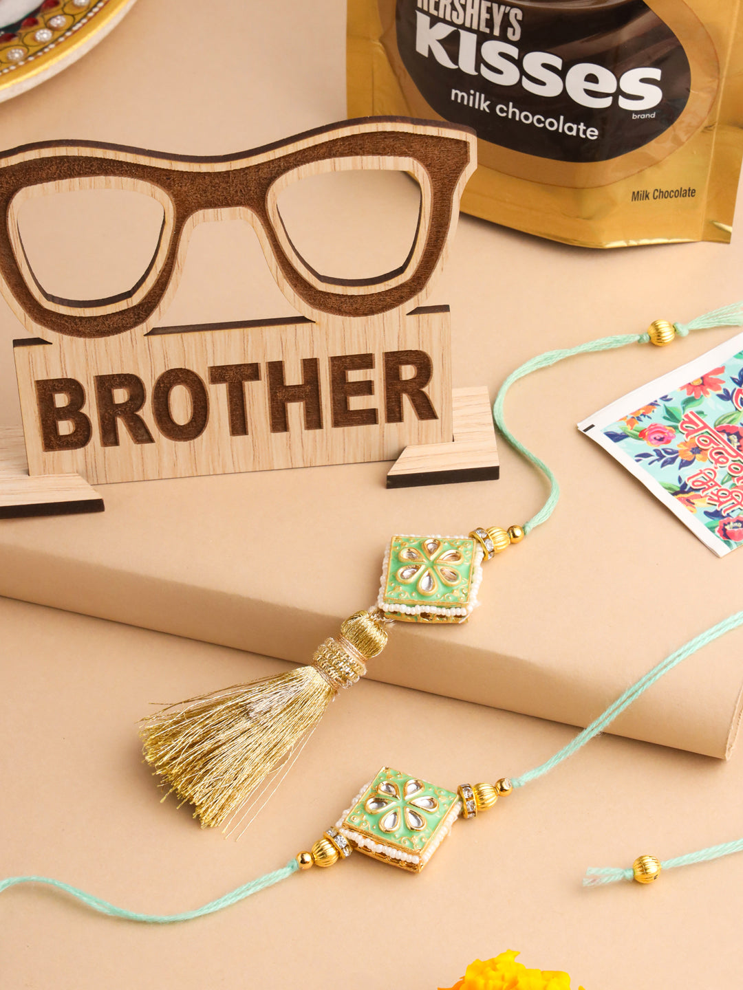 NVR Set of 2 Handmade Sea Green Kundan Studded Bhaiya Bhabhi Rakhi Combo - Distacart