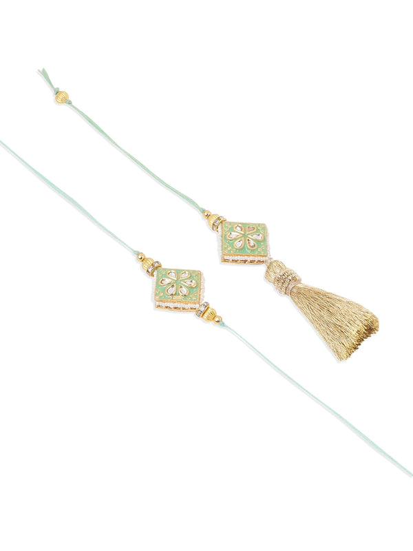 NVR Set of 2 Handmade Sea Green Kundan Studded Bhaiya Bhabhi Rakhi Combo