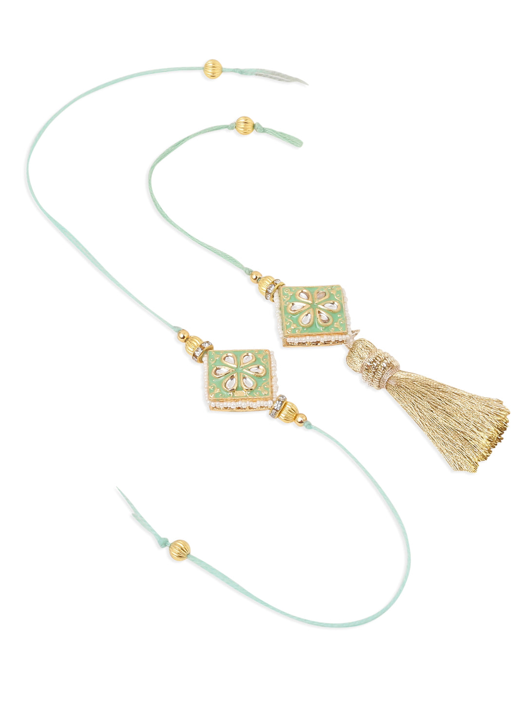 NVR Set of 2 Handmade Sea Green Kundan Studded Bhaiya Bhabhi Rakhi Combo