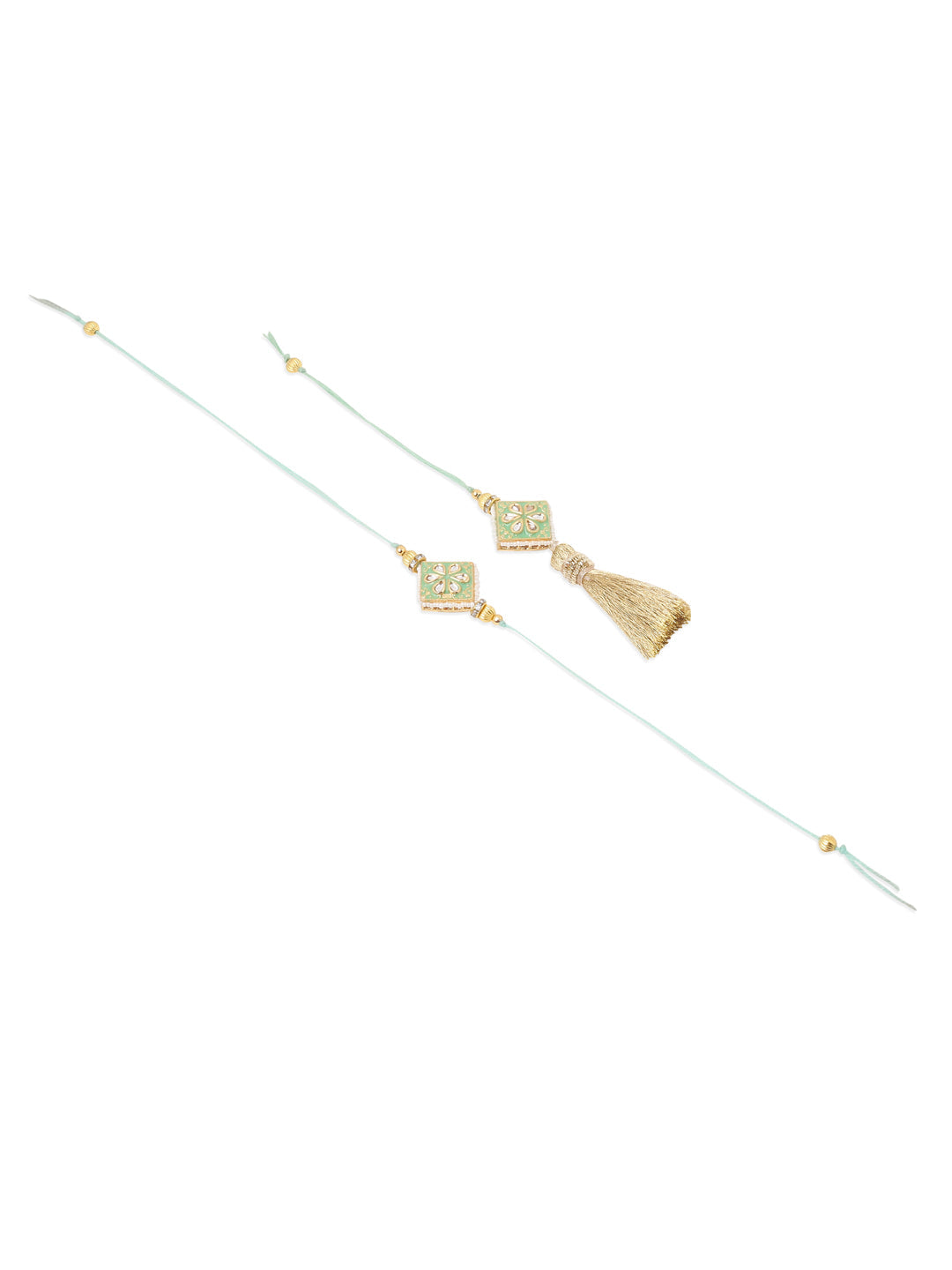 NVR Set of 2 Handmade Sea Green Kundan Studded Bhaiya Bhabhi Rakhi Combo