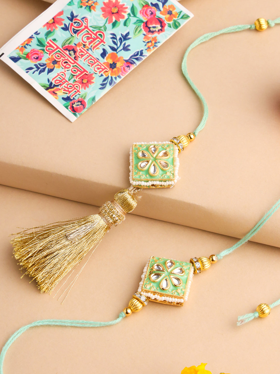 NVR Set of 2 Handmade Sea Green Kundan Studded Bhaiya Bhabhi Rakhi Set with Roli Chawal Chandan & Mishri - Distacart