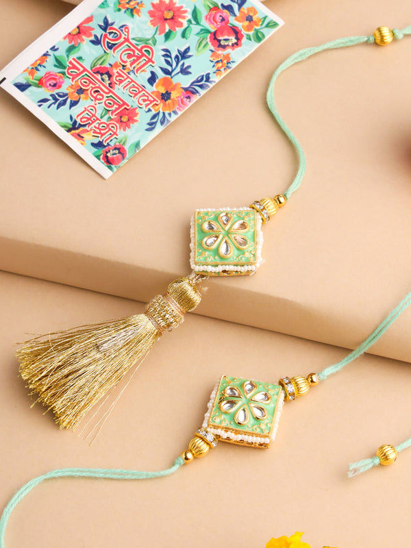 NVR Set of 2 Handmade Sea Green Kundan Studded Bhaiya Bhabhi Rakhi Set with Roli Chawal Chandan & Mishri