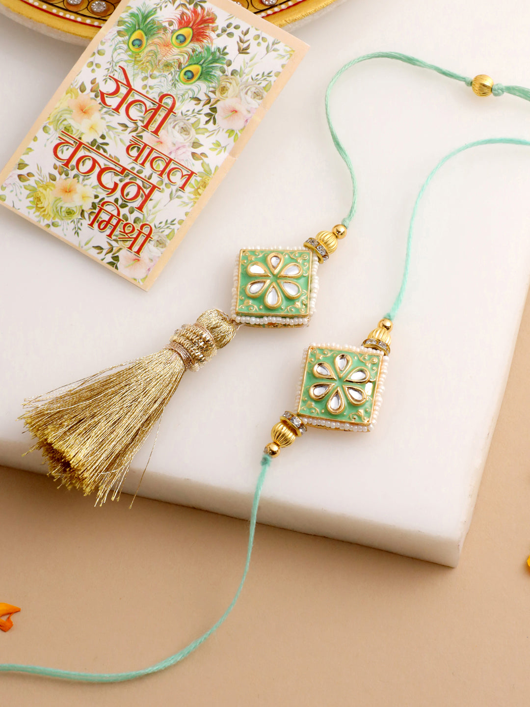 NVR Set of 2 Handmade Sea Green Kundan Studded Bhaiya Bhabhi Rakhi Set with Roli Chawal Chandan & Mishri