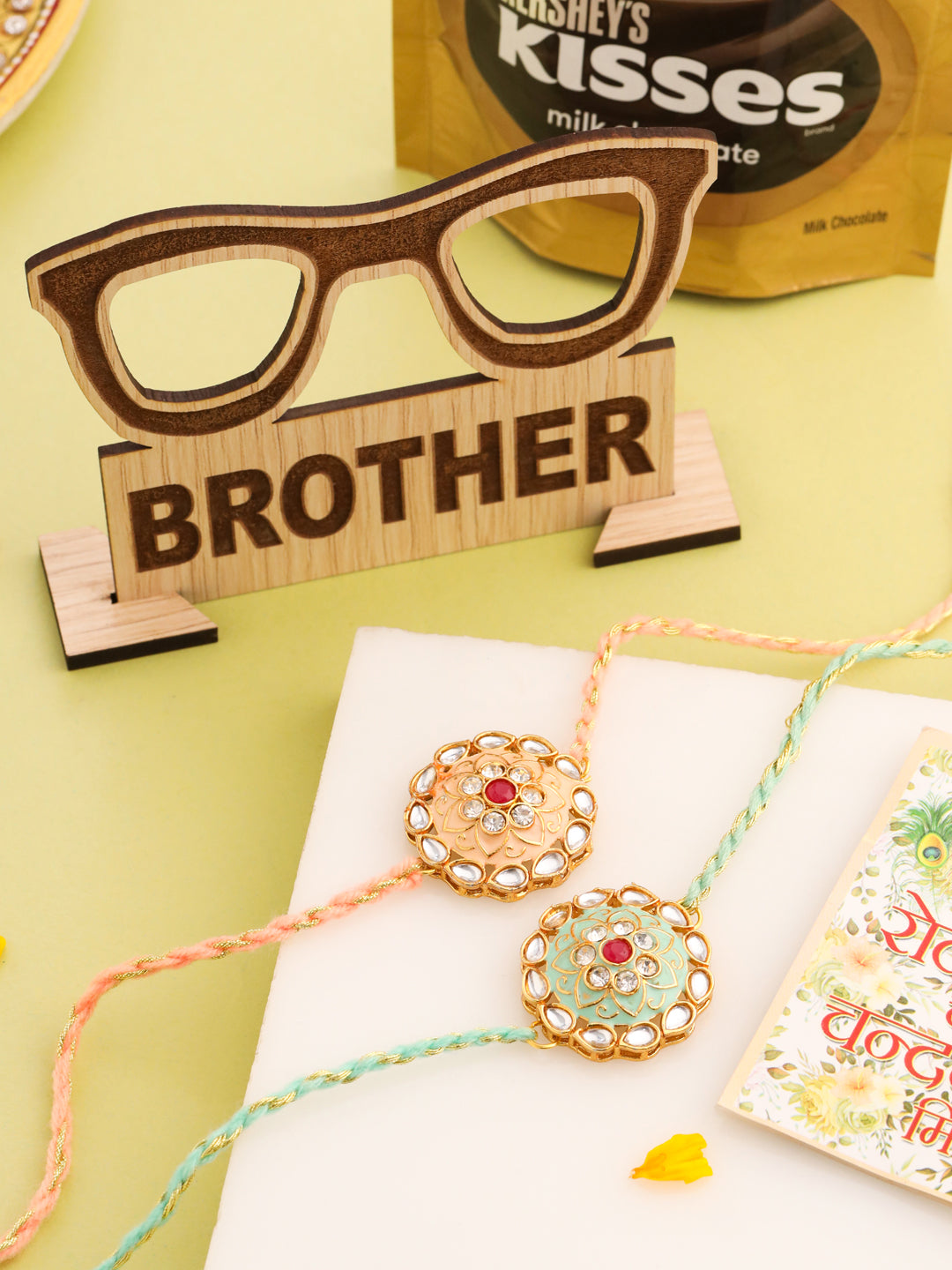 NVR Men Set of 2 Peach & Green Kundan Studded Round Floral Design Rakhi Combo - Distacart