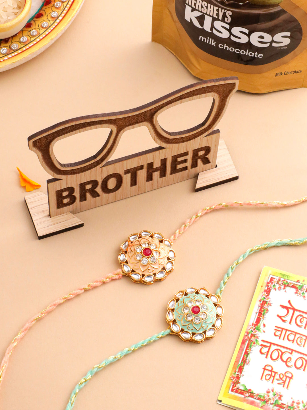 NVR Men Set of 2 Peach & Green Kundan Studded Round Floral Design Rakhi Combo