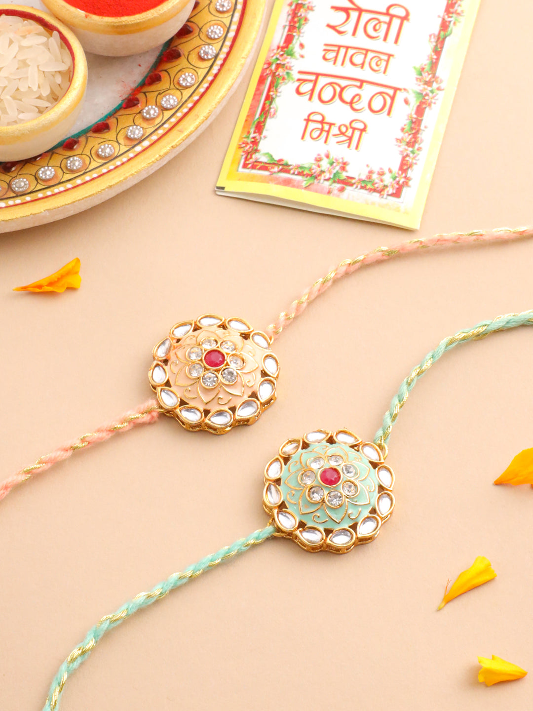 NVR Men Set of 2 Peach & Green Kundan Studded Round Floral Design Rakhi with Roli Chawal Chandan & Mishri