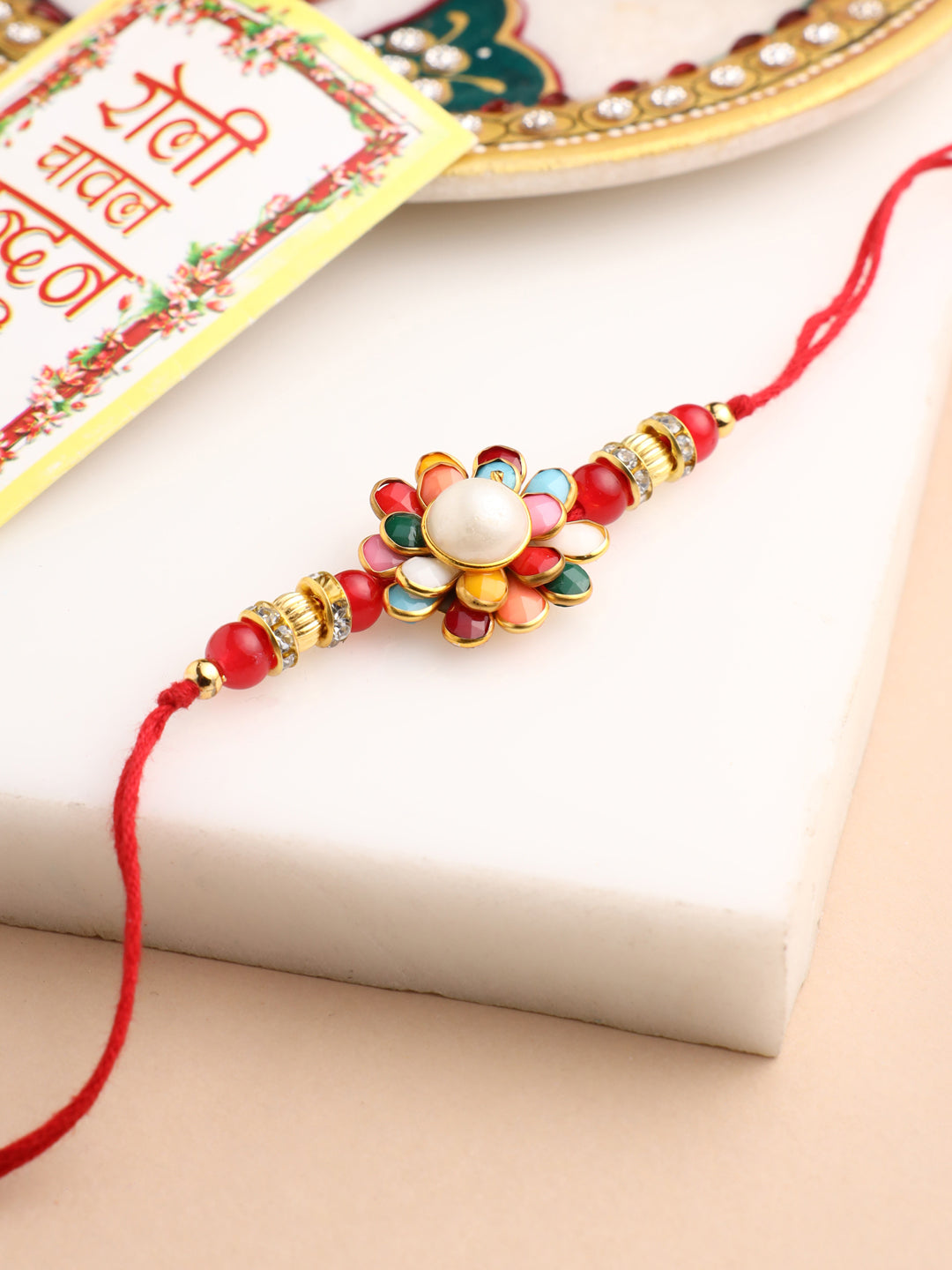 NVR Men Multicolor Beads & Pearls Floral Design Thread Rakhi Roli Chawal Chandan & Mishri - Distacart