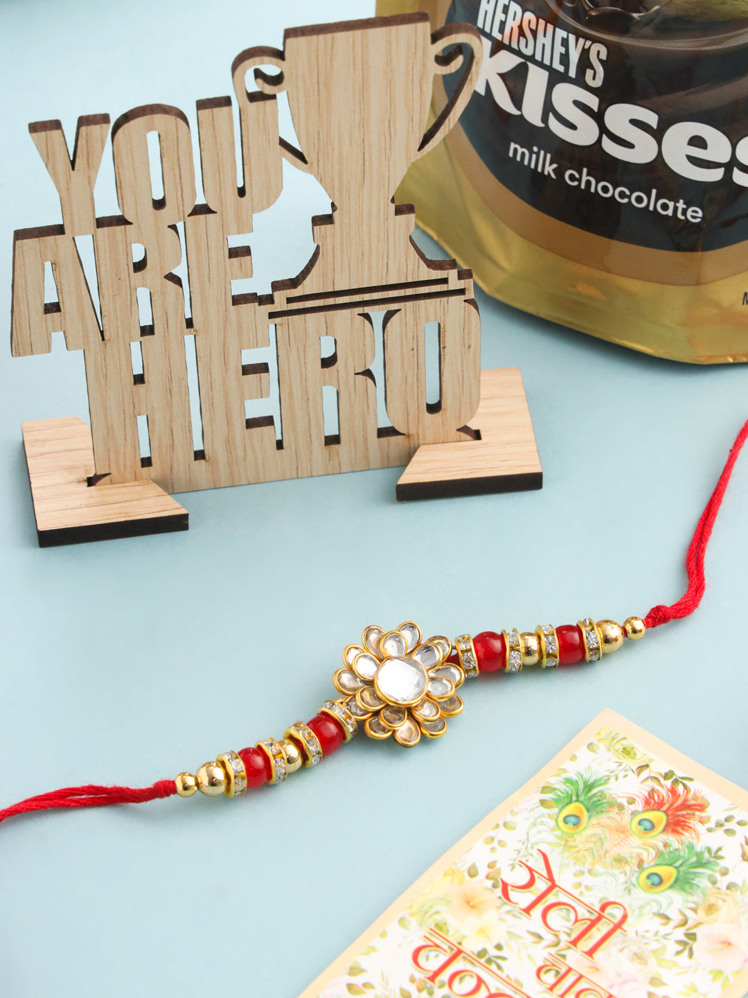 NVR Men's Red Kundan Studded Floral Design Thread Rakhi, Combo for Rakshabandhan - Distacart