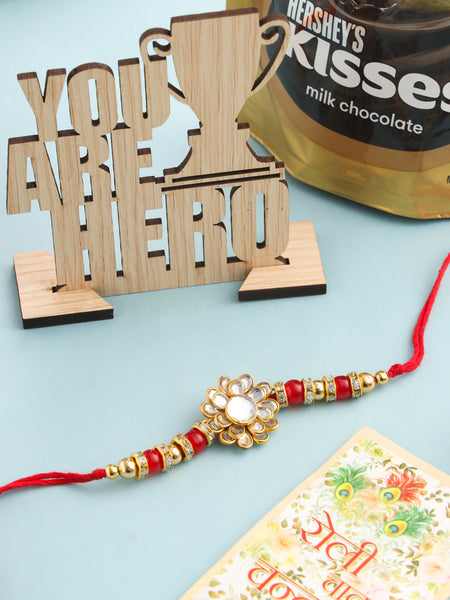 NVR Men's Red Kundan Studded Floral Design Thread Rakhi, Combo for Rakshabandhan