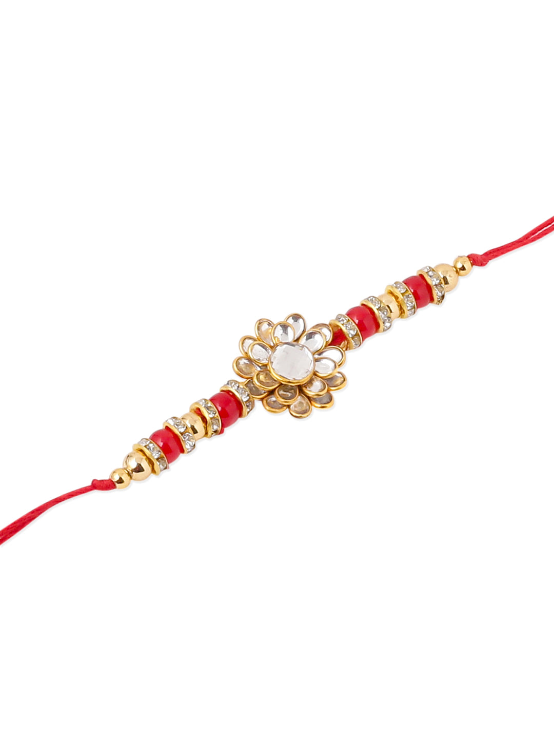 NVR Men Red Kundan Studded Floral Design Thread Rakhi with Roli Chawal Chandan & Mishri - Distacart