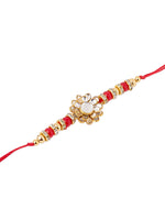 Thumbnail for NVR Men Red Kundan Studded Floral Design Thread Rakhi with Roli Chawal Chandan & Mishri