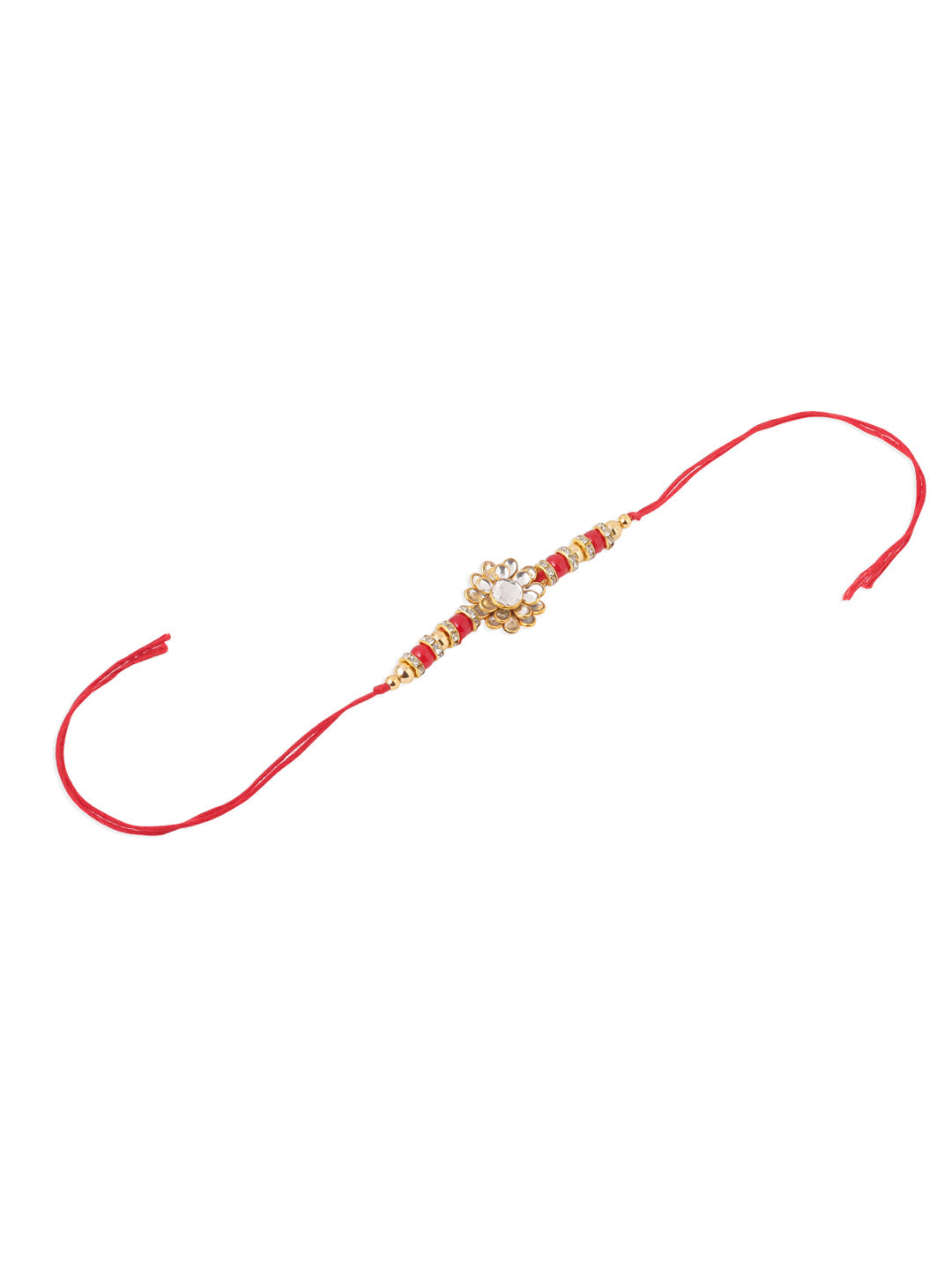 NVR Men Red Kundan Studded Floral Design Thread Rakhi with Roli Chawal Chandan & Mishri