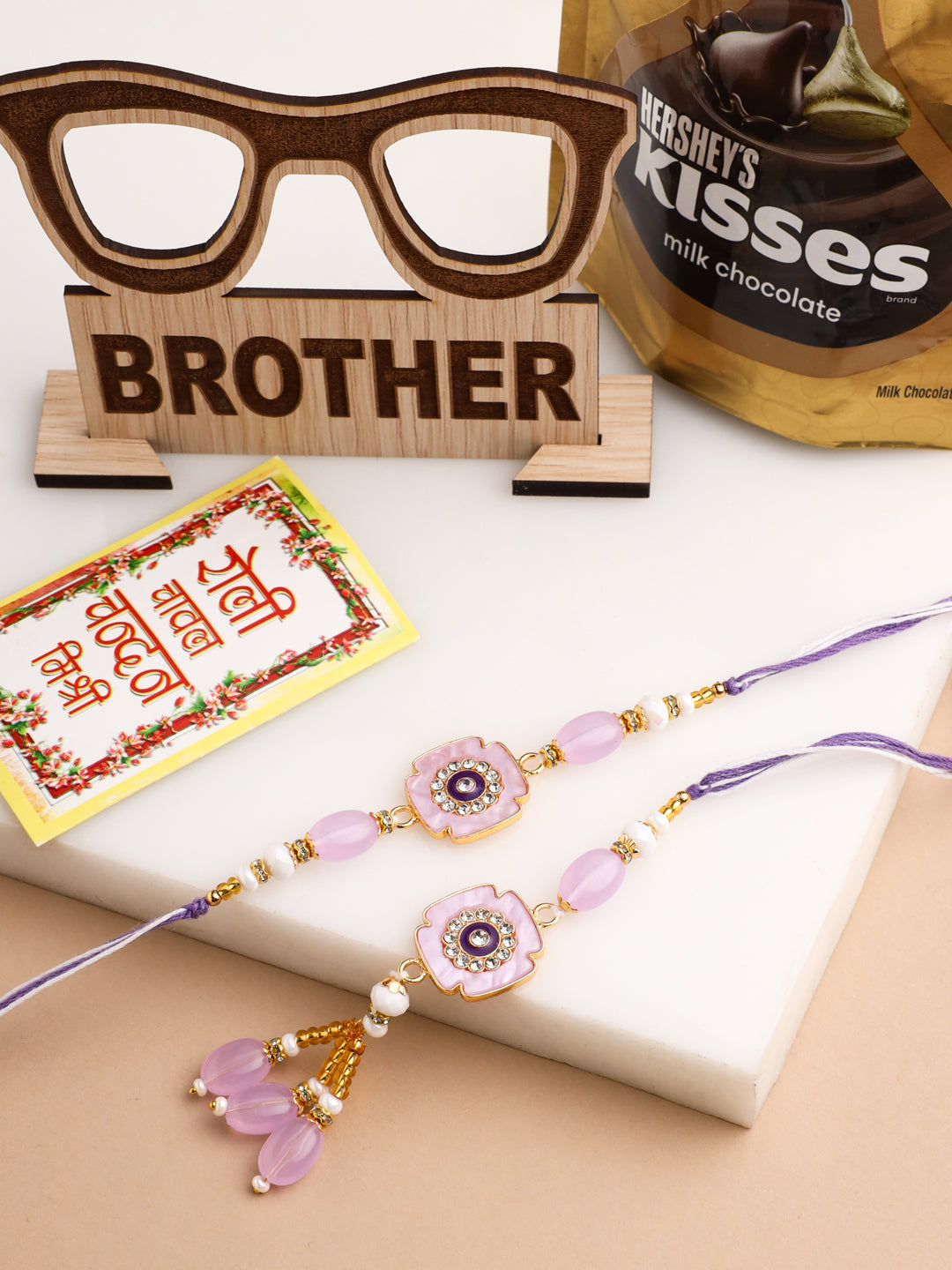 NVR Set of 2 Purple Artificial Stones & Beads Floral Design Thread Bhaiya Bhabhi Rakhi Combo - Distacart