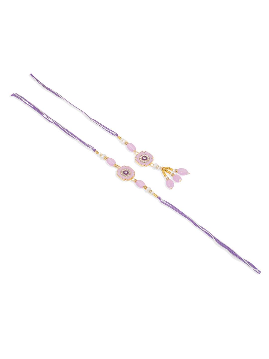 NVR Set of 2 Purple Artificial Stones & Beads Floral Design Thread Bhaiya Bhabhi Rakhi Combo