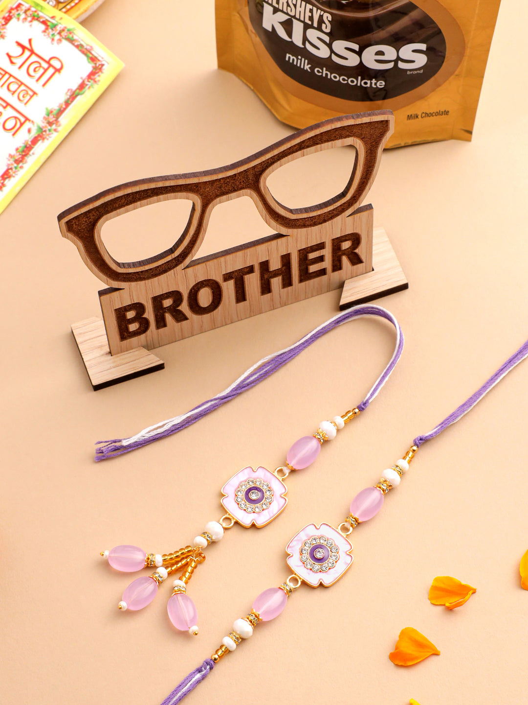 NVR Set of 2 Purple Artificial Stones & Beads Floral Design Thread Bhaiya Bhabhi Rakhi Combo