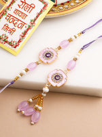 Thumbnail for NVR Set of 2 Purple Artificial Stones & Beads Floral Design Thread Bhaiya Bhabhi Rakhi with Roli Chawal Chandan & Mishri