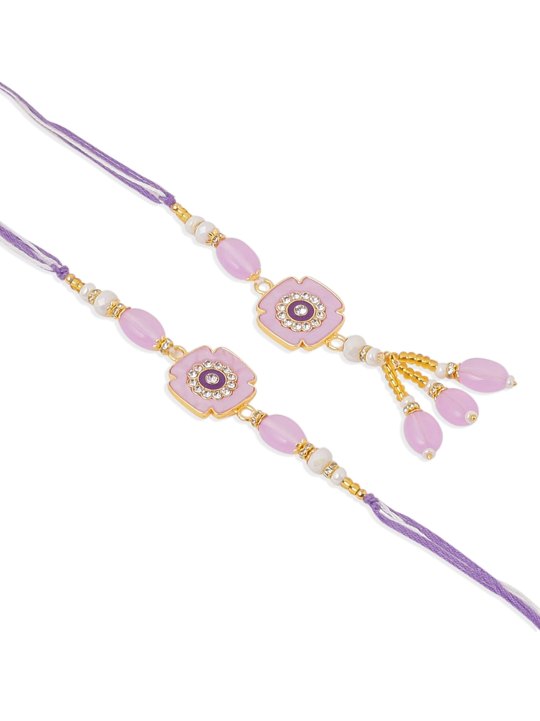 NVR Set of 2 Purple Artificial Stones & Beads Floral Design Thread Bhaiya Bhabhi Rakhi with Roli Chawal Chandan & Mishri - Distacart