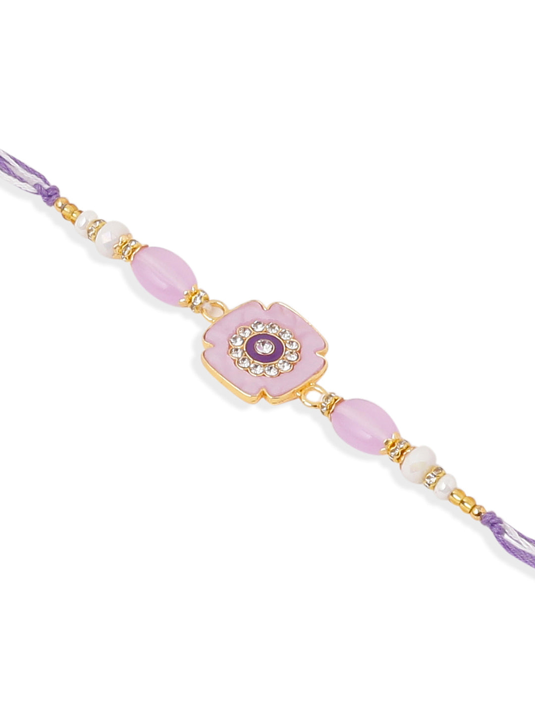 NVR Set of 2 Purple Artificial Stones & Beads Floral Design Thread Bhaiya Bhabhi Rakhi with Roli Chawal Chandan & Mishri