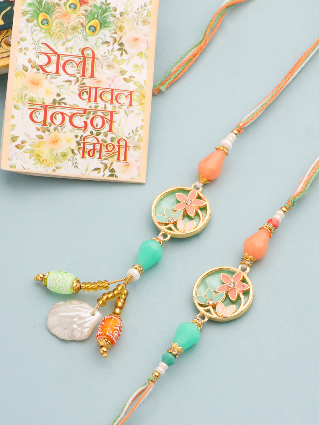 NVR Set of 2 Multicolor Artificial Beads Traditional Bhaiya Bhabhi Pair Rakhi Set with Roli Chawal Chandan & Mishri - Distacart