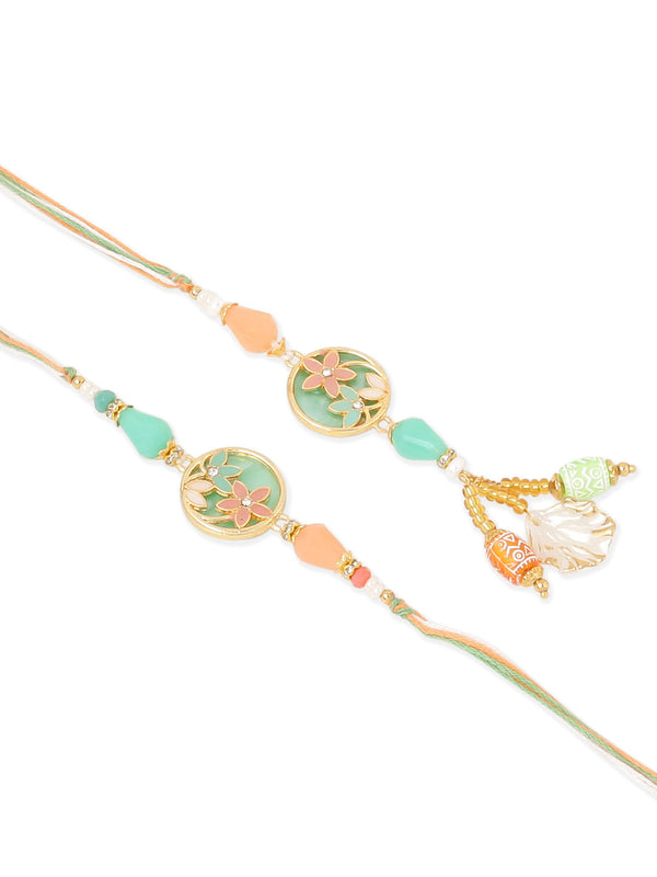 NVR Set of 2 Multicolor Artificial Beads Traditional Bhaiya Bhabhi Pair Rakhi Set with Roli Chawal Chandan & Mishri