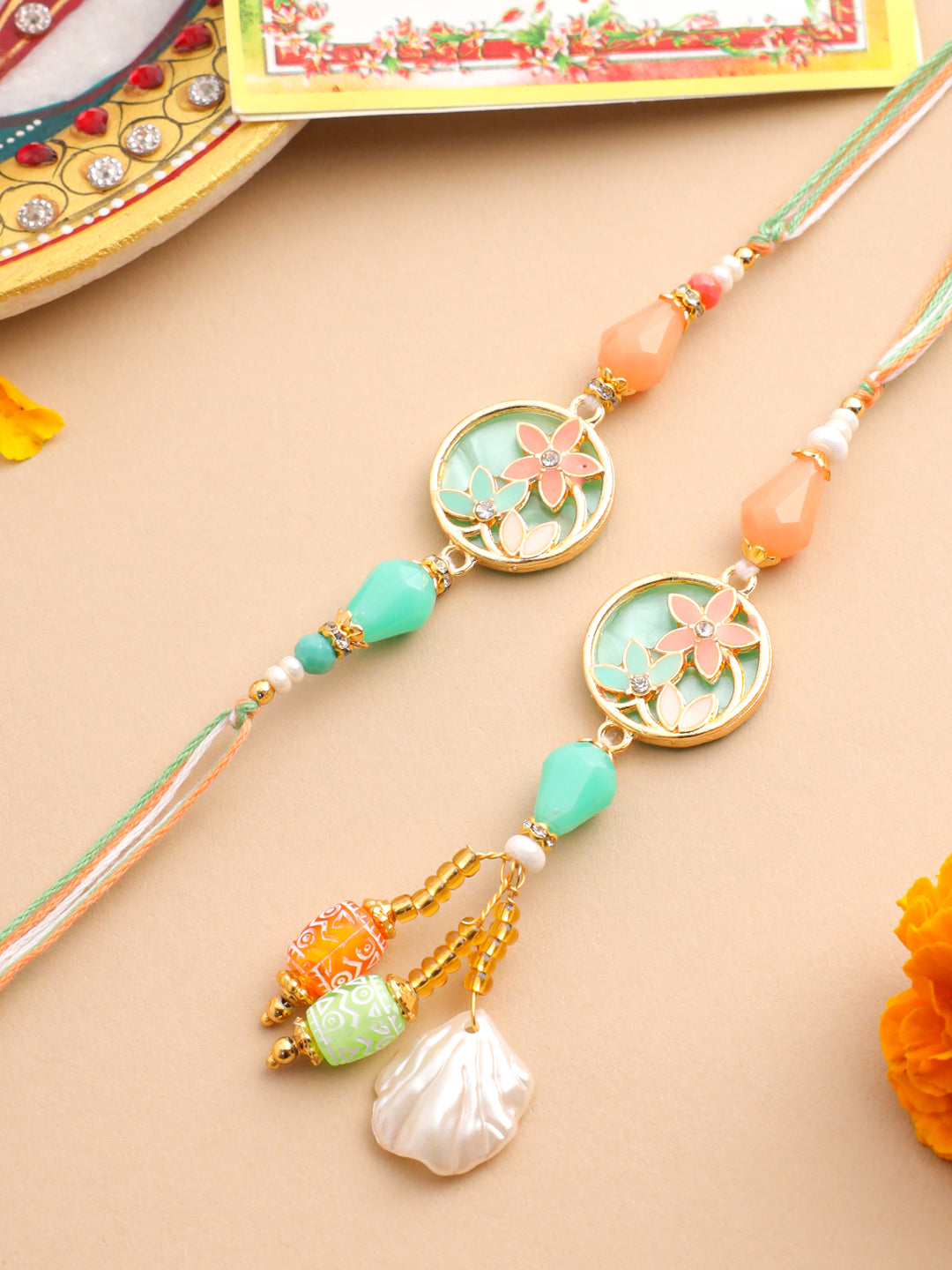 NVR Set of 2 Multicolor Artificial Beads Traditional Bhaiya Bhabhi Pair Rakhi Set with Roli Chawal Chandan & Mishri