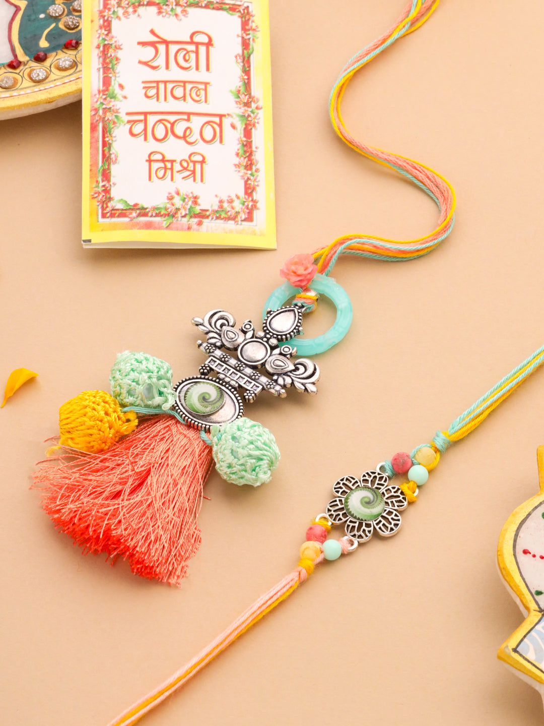 NVR Set of 2 Artificial Beads Traditional Bhaiya Bhabhi Pair Rakhi Set with Roli Chawal Chandan & Mishri - Distacart