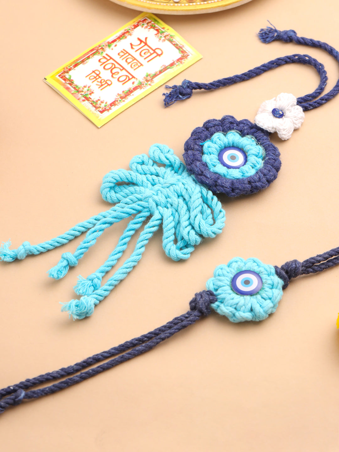NVR Set of 2 Blue Evil Eye Floral Bhaiya Bhabhi Rakhi With Roli Chawal Chandan & Mishri - Distacart