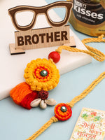Thumbnail for NVR Set of 2 Yellow Sea Shell Round Floral Design Bhaiya Bhabhi Rakhi Combo