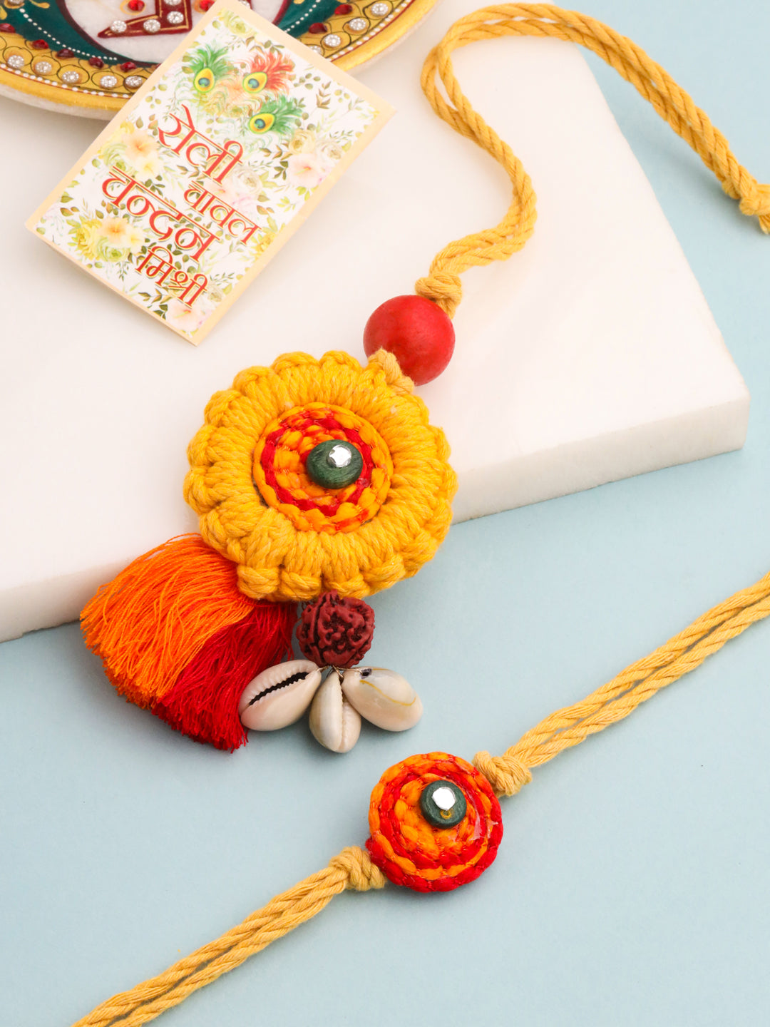 NVR Set of 2 Yellow Sea Shell Round Floral Design Bhaiya Bhabhi Rakhi with Roli Chawal Chandan & Mishri - Distacart