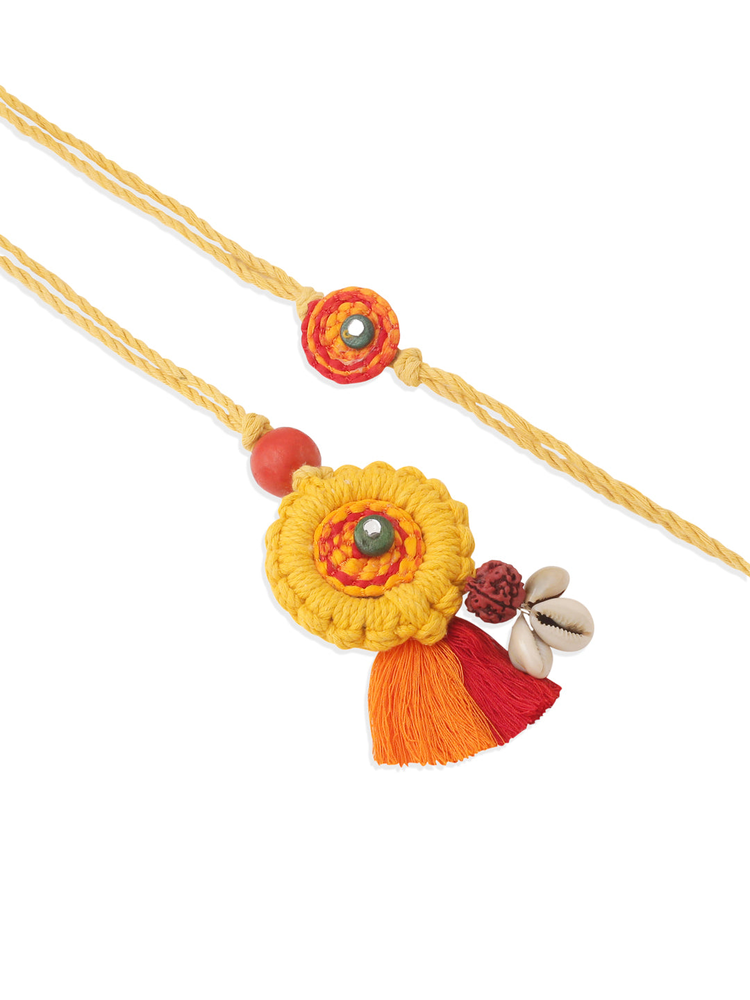 NVR Set of 2 Yellow Sea Shell Round Floral Design Bhaiya Bhabhi Rakhi with Roli Chawal Chandan & Mishri - Distacart
