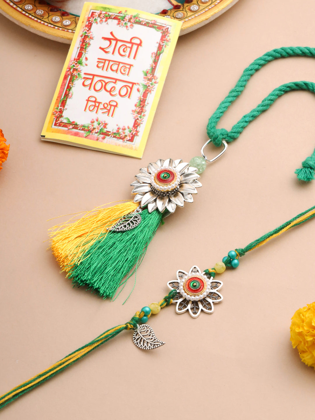 NVR Set of 2 Green Pearls Bhaiya Bhabhi Thread Rakhi with Roli Chawal Chandan & Mishri - Distacart