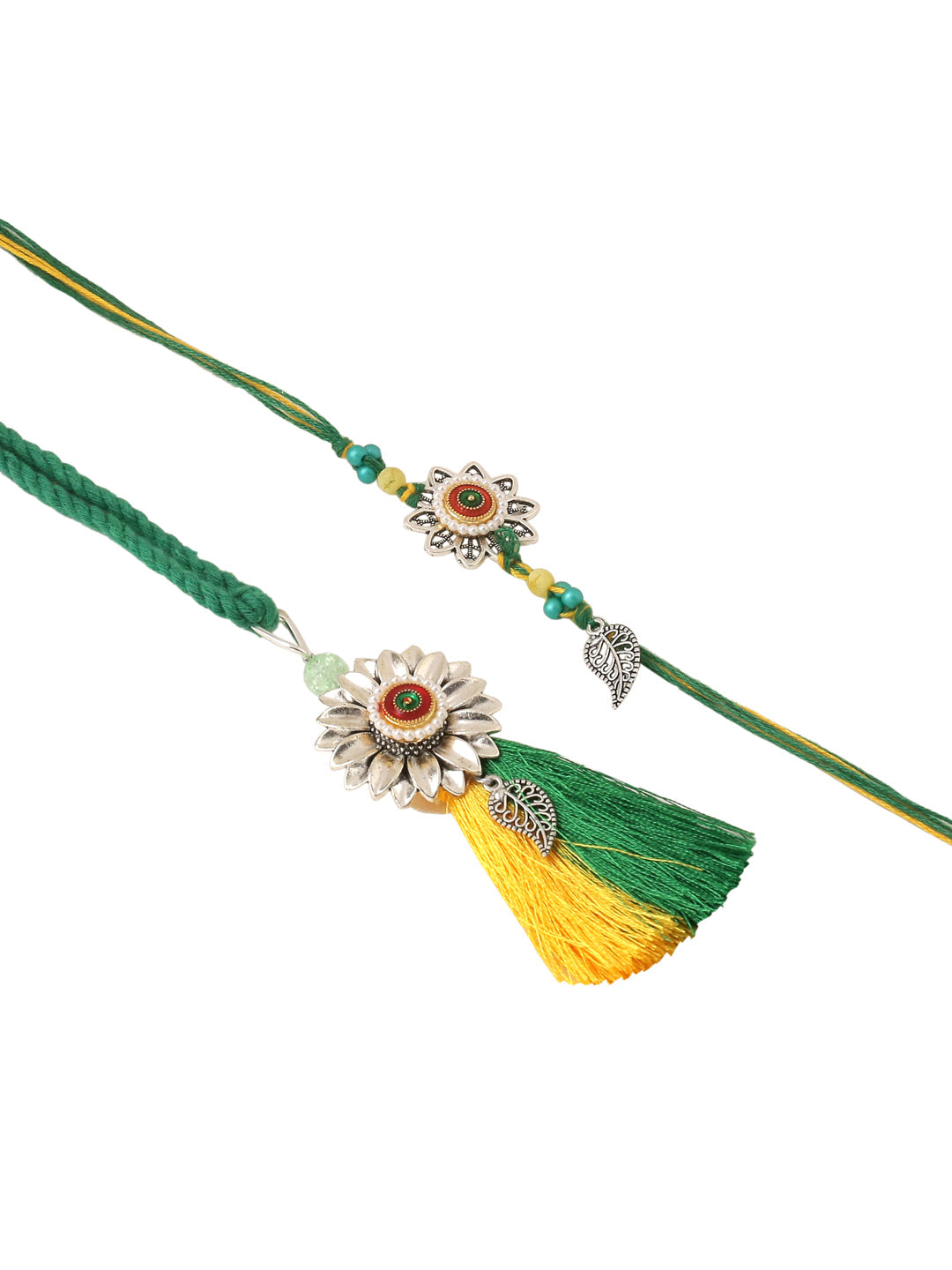 NVR Set of 2 Green Pearls Bhaiya Bhabhi Thread Rakhi with Roli Chawal Chandan & Mishri - Distacart